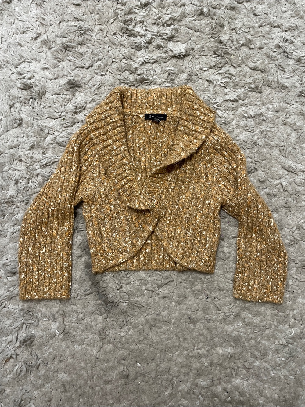 INC International Concepts Mustard Gold Cropped Ribbed Shawl Collar Cardigan